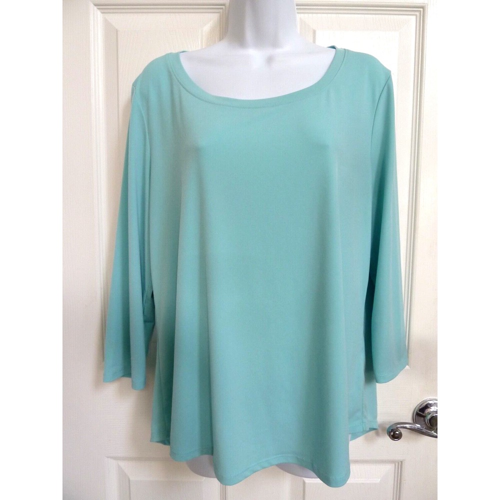 Chico's Size 2 Large Blue 3/4 Sleeve Blouse Back Zip Scoop Neck Office Career